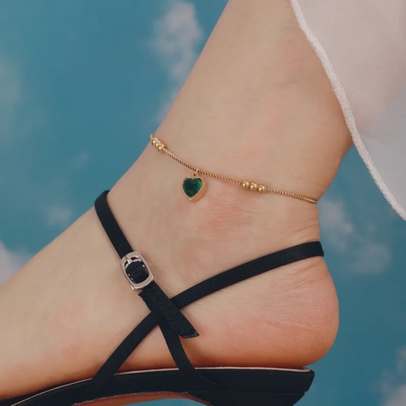 Jewelry - Gold Plates Beaded Anklet with Emerald Green Heart Charm